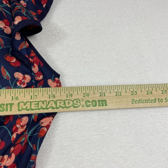 Anthropologie Hey There Cereja Cherry Print Faux Wrap Dress Size 6 Blue Satin - Picture 5 of 15